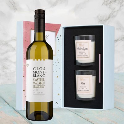 Clos Montblanc Castel Macabeu Chardonnay 75cl White Wine With Love Body & Earth 2 Scented Candle Gift Box